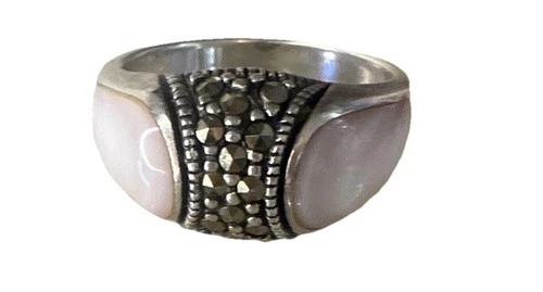 Vintage Silver Marcasite and Pink Moon Stone Ring