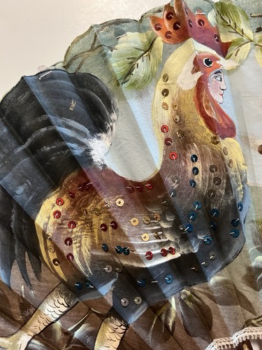 Antique Edwardian 1910s Chantecler rooster hand fan hand stitched painted silk - Picture 7 of 24