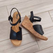 Born Black Leather Ankle Strap Cork Platform Wedge Sandal.    Size 8.5M