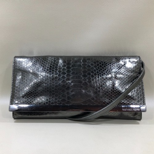 MICHAEL KORS Tilda Embossed Python Leather Clutch Shoulder Bag Gunmetal $218
