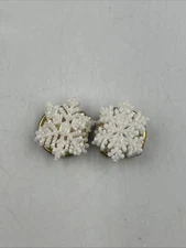 Vintage Set Of 2 Snowflake White Glitter Button Covers With Gold Back