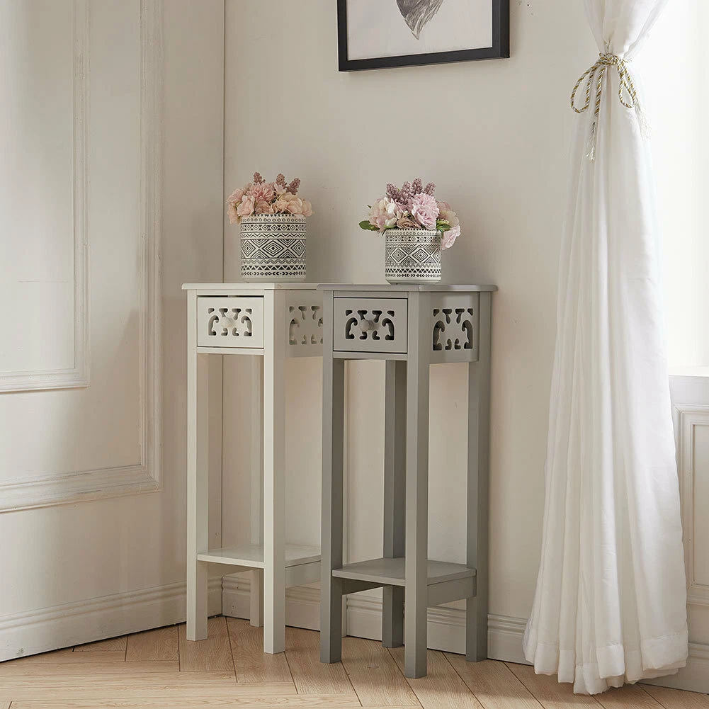 2 Tiers Wood Slim End Table Drawer Shelf Lamp Desk Plant Stand