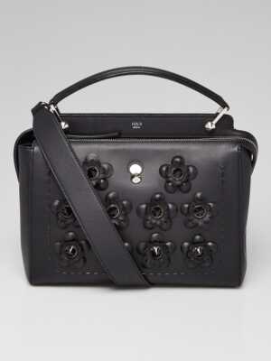 Fendi Black Leather Floral-Studded Dotcom Satchel Bag