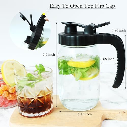 Glass Mason Jars Pitcher 32 Oz Pour Spout Lids & Handle (2 Set) Wide Mouth Airti - Picture 4 of 7
