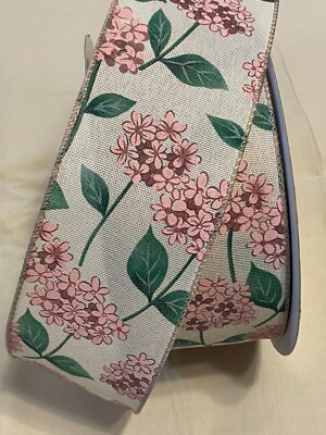 5 yds. PINK GERANIUM FLORAL PRINT WIRE EDGE RIBBON  2 1/2'' Wide