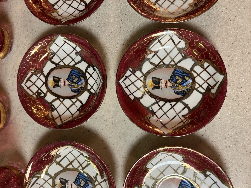 6 Antique Gold Gilded Cranberry Glasses & Saucers Naser al-Din Shah of Qajar - Image 4 of 4