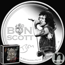 AC/DC BON SCOTT - Tuvalu 2024 - 1 Oz Silber Polierte Platte / Proof + Farbe BOX