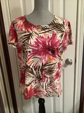 Alfred Dunner PM Pink Brown Floral Tropical Shirt Tee Short sleeve Beaded