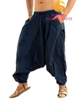 Men Women Cotton Solid Blue Harem Pants Gypsy Hippie Drop Crotch Trouser Genie