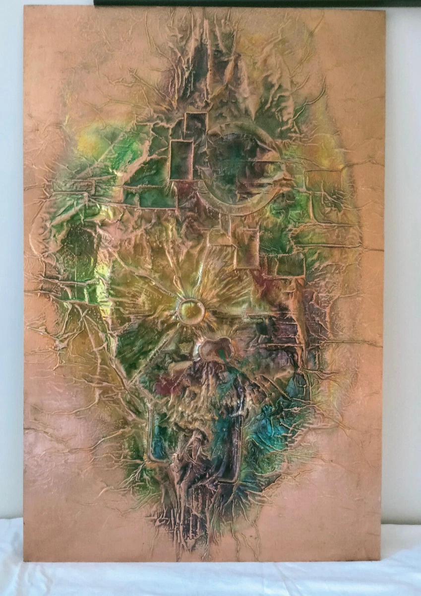 LARGE VINTAGE SIGNED BRUTALIST COPPER/ENAMEL ABSTRACT WALL SCULPTURE mid-century