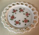 Vtg Milk Glass Colony Open Lace Edge Hand Painted Plate - Platter 12” ROSES