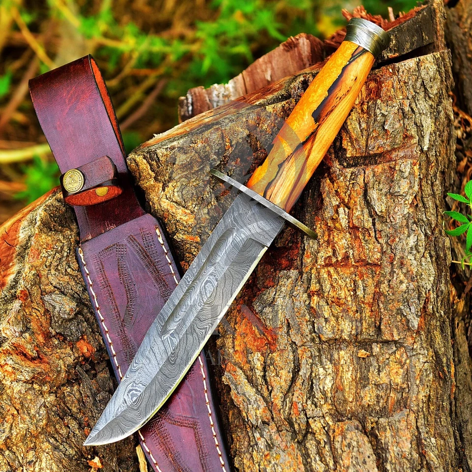 Ka-Bar USMC A+ Copia Damasco Acero Hoja Fija Cuchillo Resina Madera Mango con Funda Foto 2 de 4