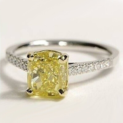 3Ct Cushion Cut Lab Created Canary Yellow Engagement Ring 14k White Gold plated