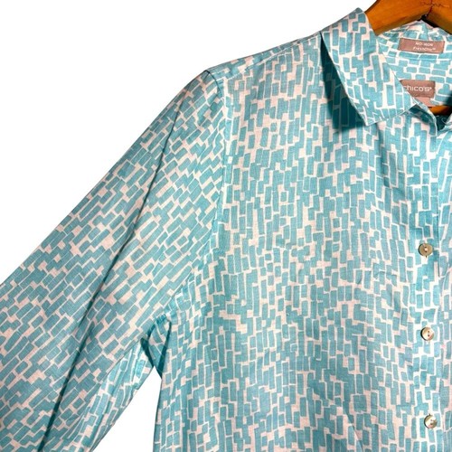 CHICO’S | Sky Blue 100% Linen No Iron FreshChic Patterned Button Down Top size L - Picture 4 of 12