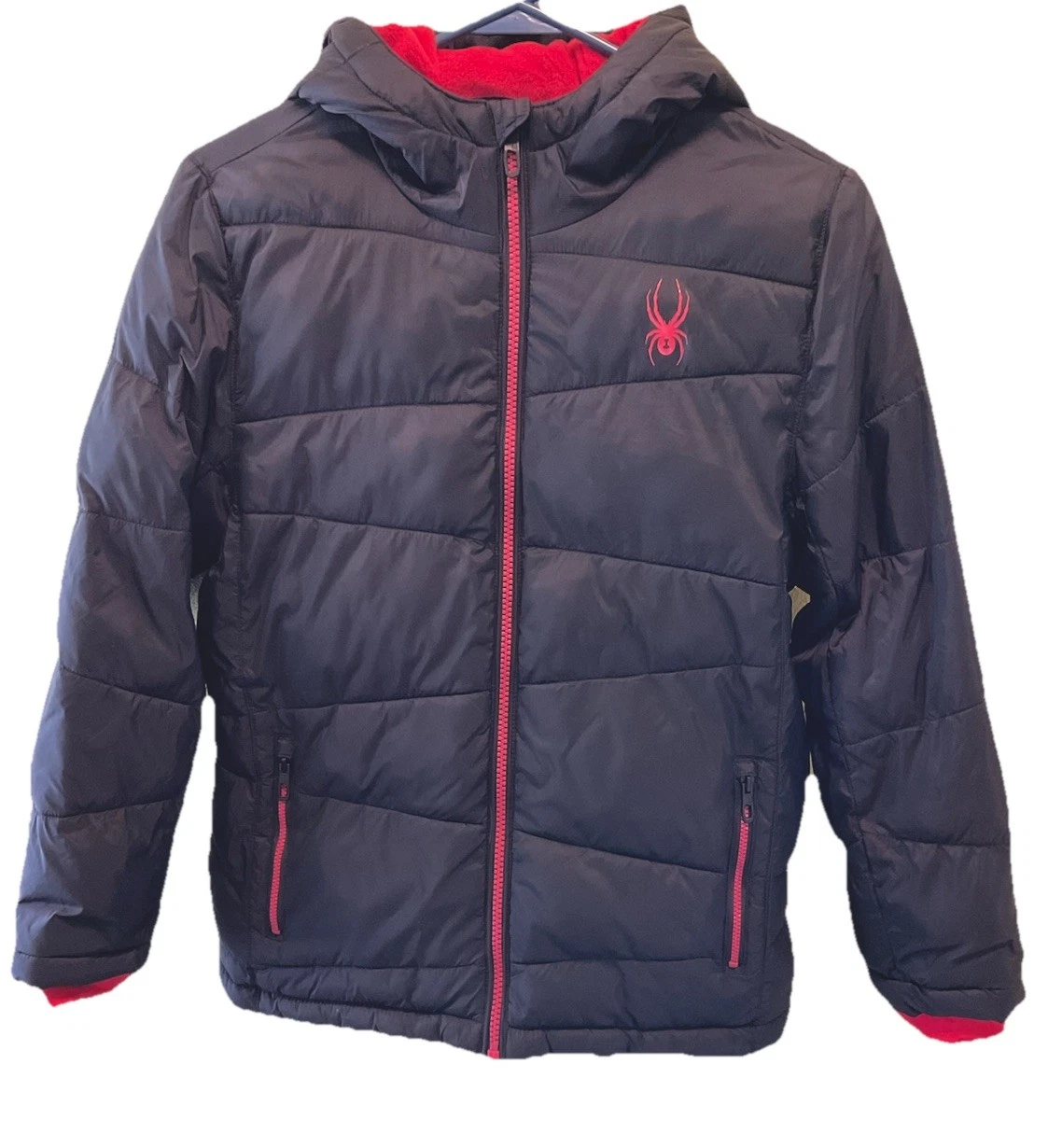 Spyder Puffer Hooded Full Zip Winter Jacket Black & Red Kids Size M (10/12) NWOT