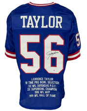 New York Giants Lawrence Taylor Autographed Pro Style Blue Stat Jersey JSA Au...