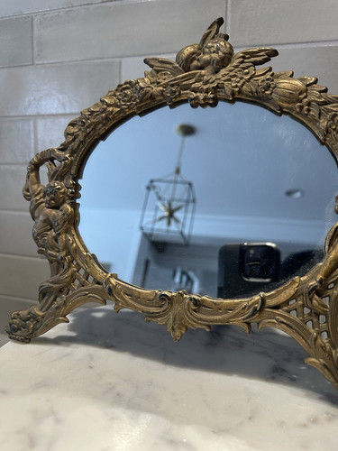 Vintage Cast Iron Victorian Dresser Vanity Mirror w/ Easel Back, Cherubs, ornate - Picture 2 of 10