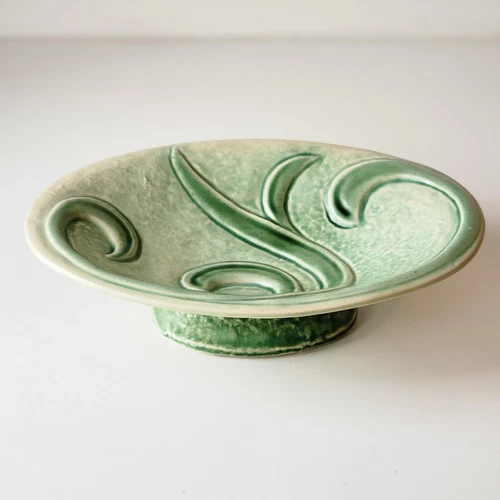 Vtg MCM Brush McCoy Princess Line Art Pottery Green Oval Pedestal Bowl Crazing