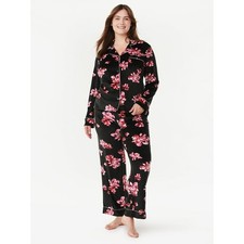 NEW NWT Joyspun Black Floral Velour Notch Collar Pajama Set Women's 3X 22W-24W 