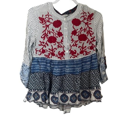 John Mark Size Small Boho Embroidered Mixed Media Tiered Patchwork Swing Top