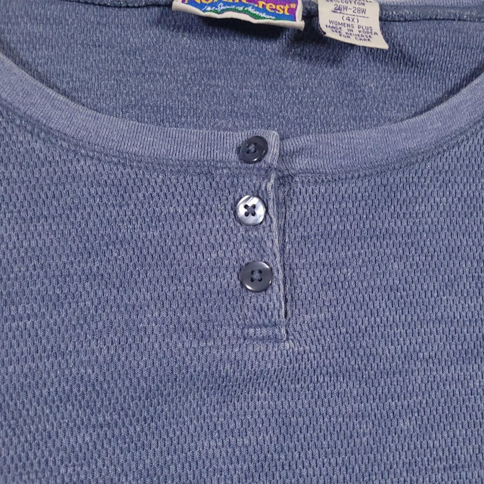 Vtg North Crest Thermal Knit Long Sleeve Shirt Women's 4X 26W/28W Henley Blue - Image 3 of 4