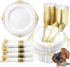 Nervure 350PCS Gold Plastic Plates - Dinnerware Sets for 50 
