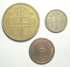 Iceland 1940 2 Kronur 25 & 2 Aurar Coin Lot Unc-XF KM 2, 4, 6 Last Year of Issue