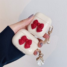 Stylish Beige Red Bow Earbud Case   Shell Pendant Design for AirPods