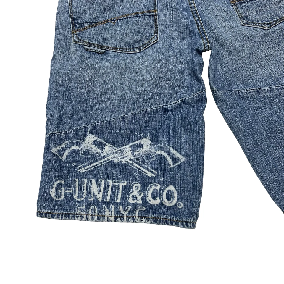 Pantalones Cortos de Denim G-Unit Para Hombres 34 Azul Suelto Hip Hop Jean Bordado Logo Nueva York Y2K Foto 2 de 4