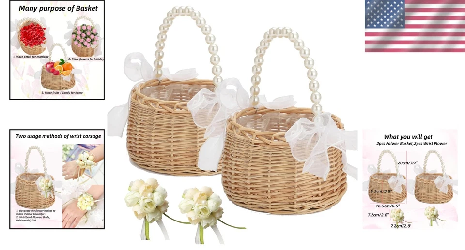 Cesta de ratán con asa decoración de boda flor niña 2 piezas Foto 2 de 4