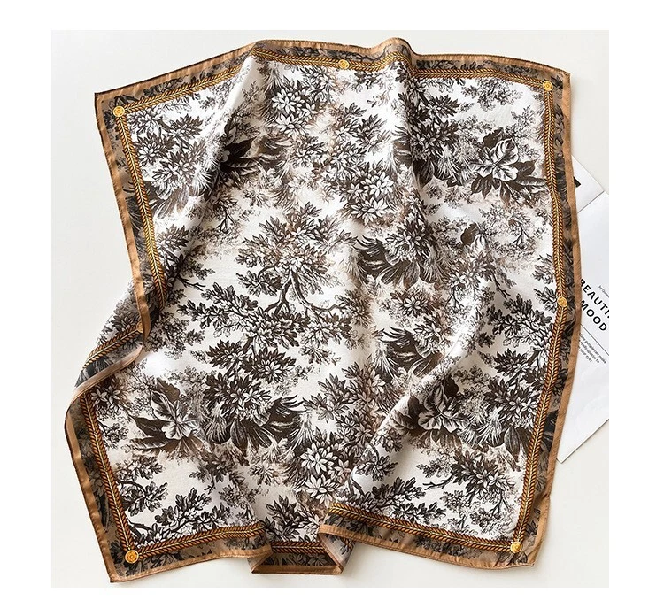 100% Silk Scarf Women Vintage Brown Flowers Kerchief Square Bandana Wrap 68*68cm - Image 2 of 4