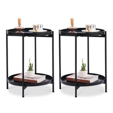 2 Pack Round End Table Mental 2-Tier Side Table Nightstand/Small Iron Tables ...