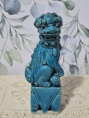 Vintage Chinese Foo Dog Turquoise Porcelain Glazed Porcelain Figurine 8'' Tall