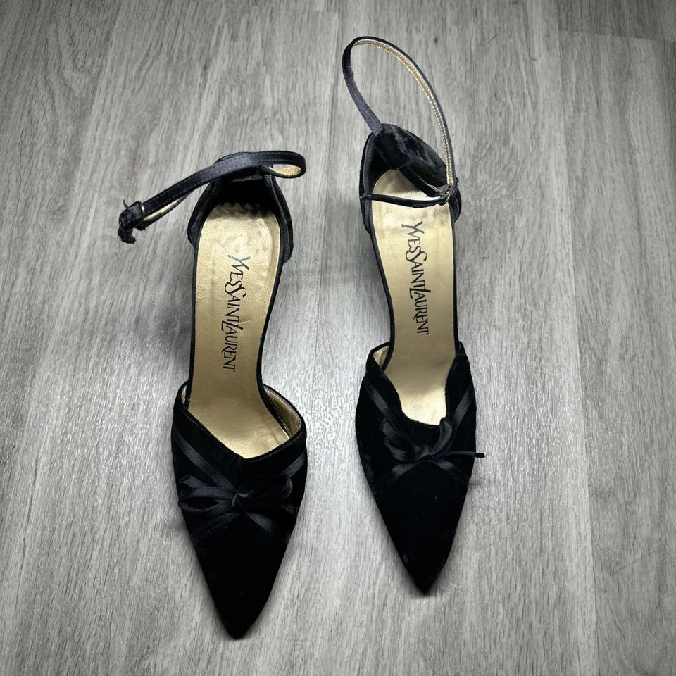 VINTAGE Yves Saint Laurent Mujer Pajarita Gamuza Negra CORREA AL TOBILLO TALLA 6M Foto 3 de 4