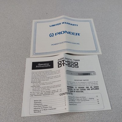 Pioneer DT-550 Audio Digital Timer Operating Manual ONLY Warranty Papers READ
