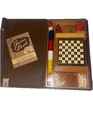#ad Lowes 1944 Travel Game Set Checkers Backgammon Dice Chess original game book $32.99