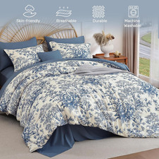 King Size Comforter Set 8 Pieces, Floral Comforter Set Retro Blue, Bed in a Bag