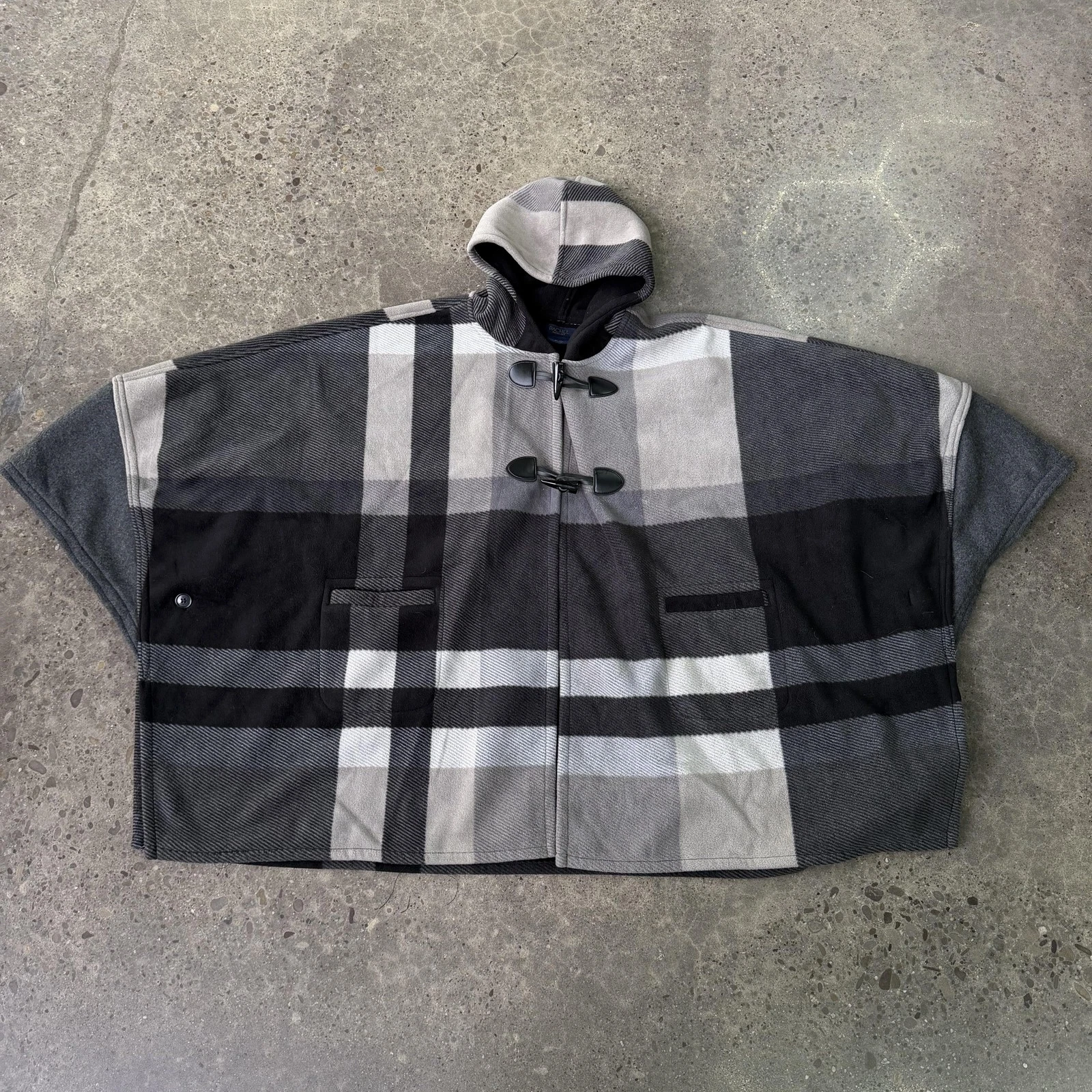 Rachel Rachel Roy Poncho Womens One Size Gray Plaid Hooded Toggle Wool Lined