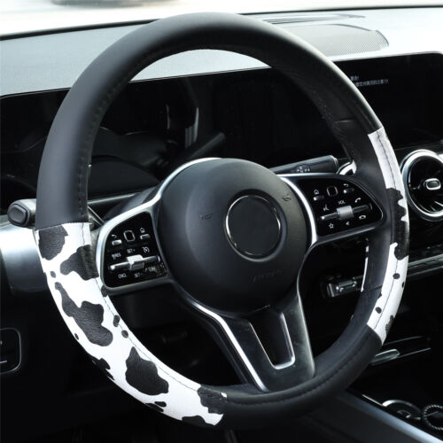 Universal Car Steering Wheel Cover Black Leather Cow Print Accessories Anti Slip
