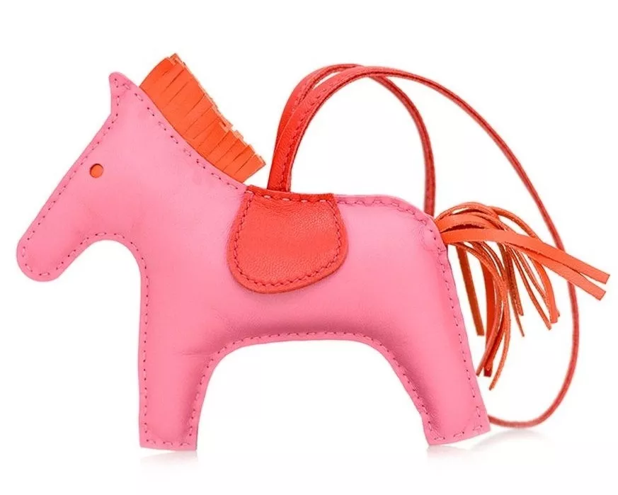 NIB HERMES Rodeo Grigri Horse Leather Bag Charm MM Rose Azalea Pink Orange  Red