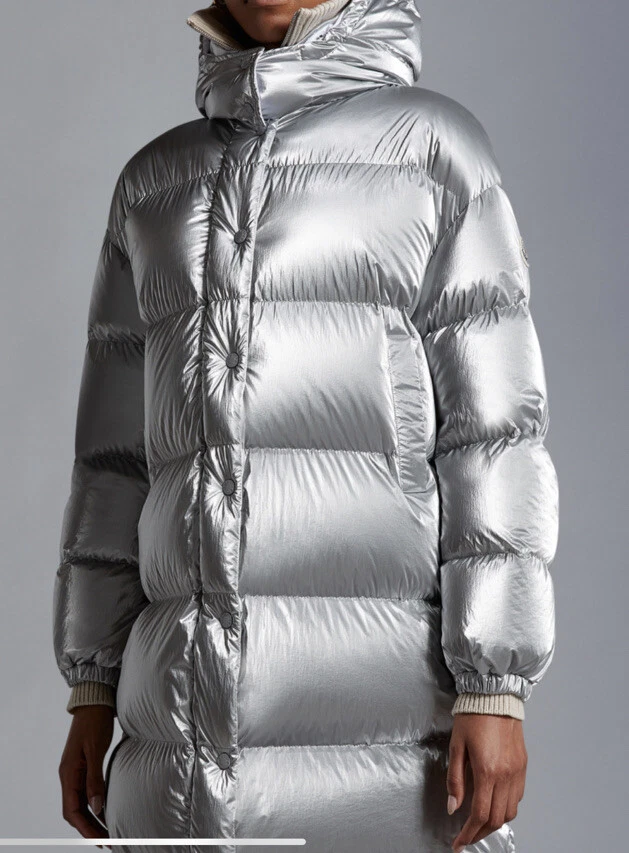 MONCLER Gaou Down Silver Hooded Quilted Long Puffer Jacket Coat Sz 1 NWD