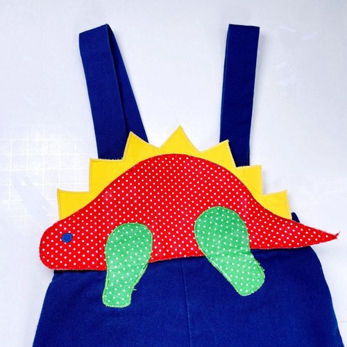 Vintage Boys Blue Dinosaur Dino Suspender Apron Shortalls Romper Outfit 12m 18m - Picture 2 of 14