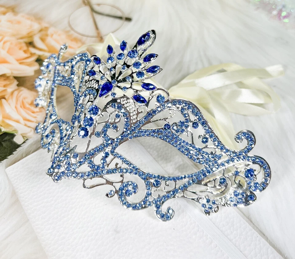 Masquerade Ball Party Mask, Venetian Silver Mask, Mardi Gras Parade Blue Mask - Image 2 of 4