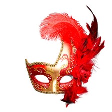 Venetian Half Moon Masquerade Side Feather Mask - Gold Red Prom Party Mask