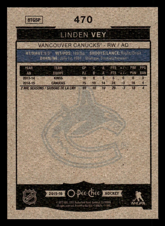 2015-16 O-Pee-Chee #470 Linden Vey Card Vancouver Canucks - Image 2 of 2