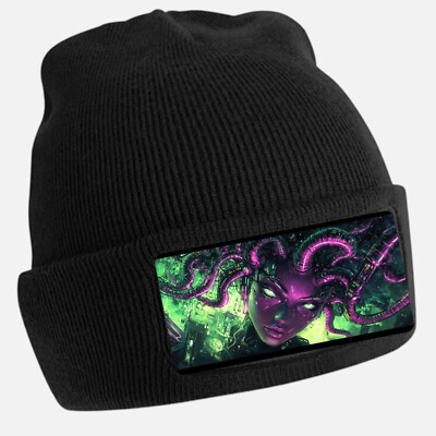 Black Beanie Hat with Cool Medusa Motif - Unisex Cap, Cotton