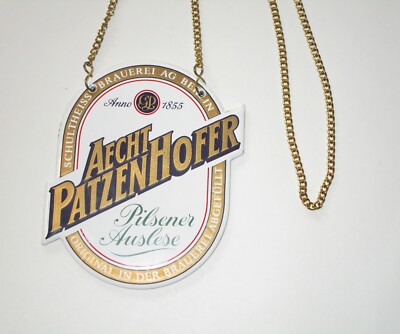 German Beer Sign Advertising AECHT PATZENHOFER w Chain Metal Wall Hanging Vtg