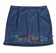 Route 66 Jean Skirt Womens 32 Size Jr 13 Blue Embroidered Floral Zip Up