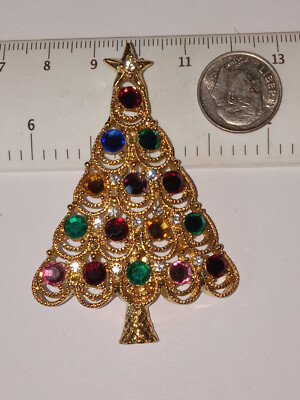 EISENBERG ICE GOLDTONE, MULTICOLOR CHRISTMAS TREE PIN 1 5/8'' X 2 1/2''