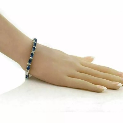 12Ct Oval Cut Lab Created Sapphire/Diamond Tennis Bracelet 14K White Gold Plated